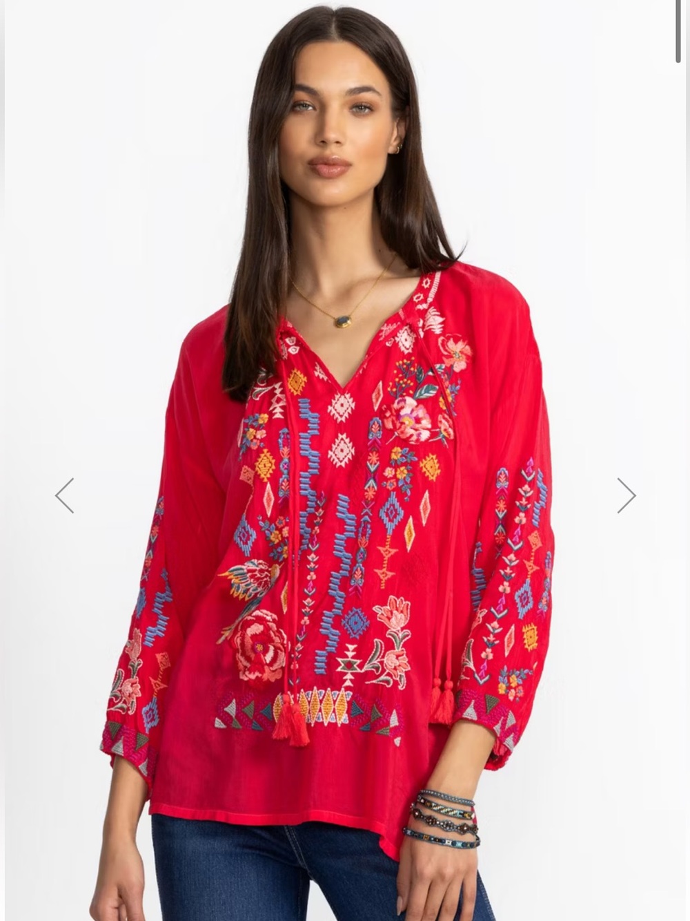 Johnny Was Red & Blue Embroidered Margot Blouse Size M